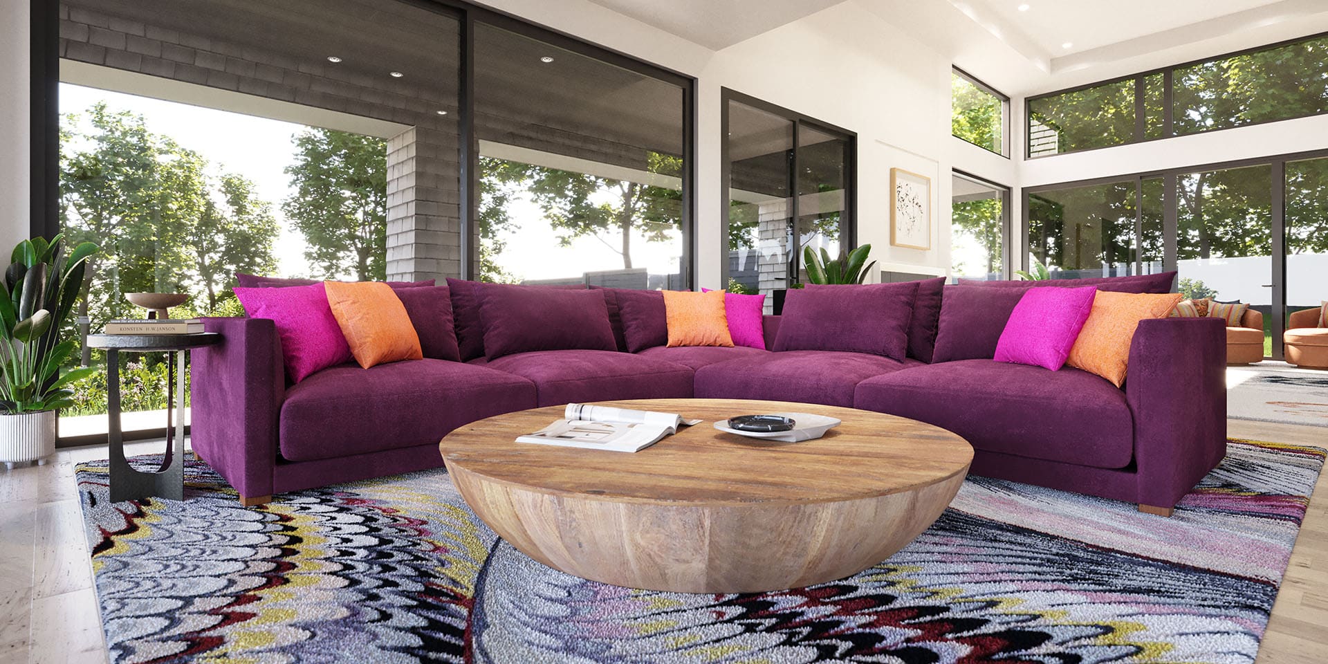 Computer-generated, photo-realistic rendering of a high-end residence with a sofa