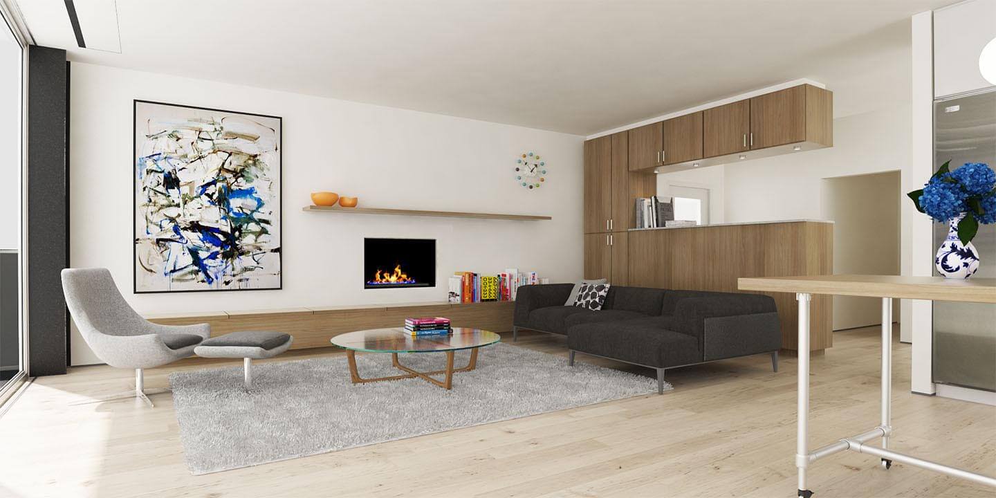 photo-realistic computer-generated rendering of a contemporary style residence living room
