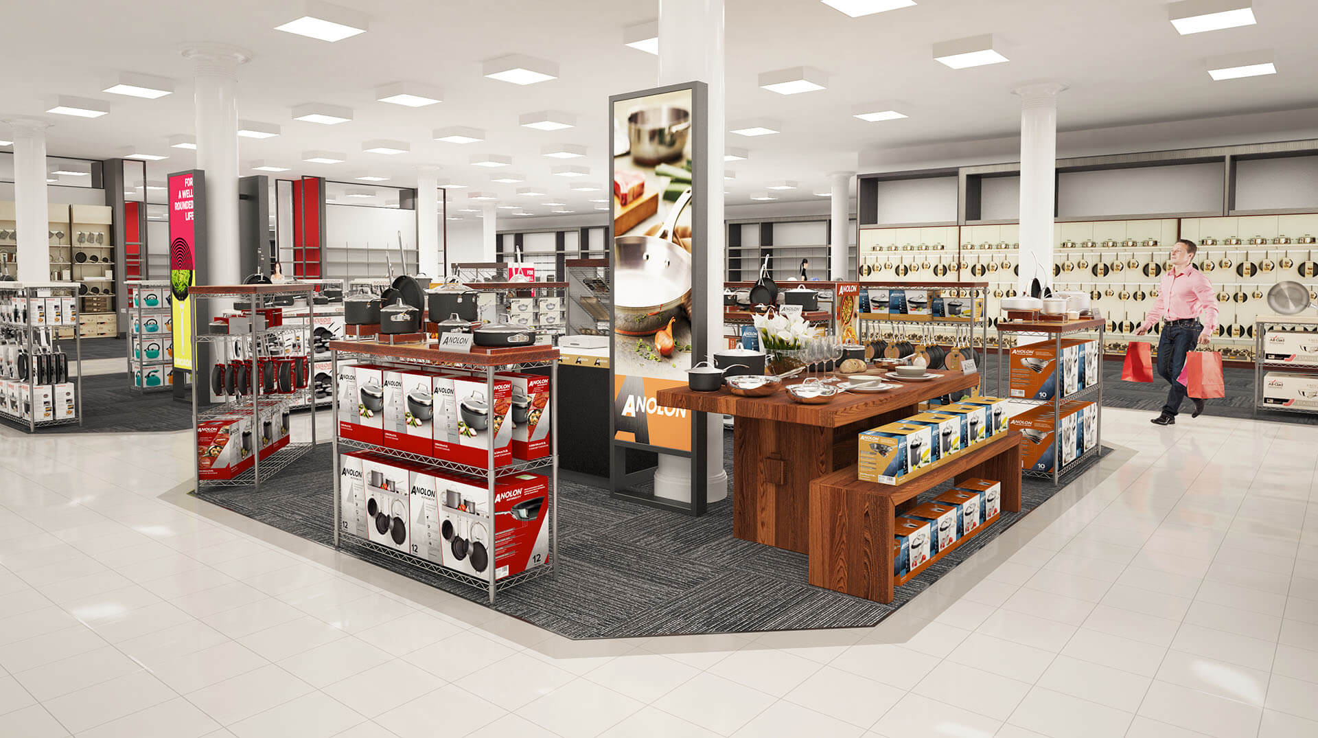 photo-realistic computer-generated rendering of a Anolon cookware display at Macy's