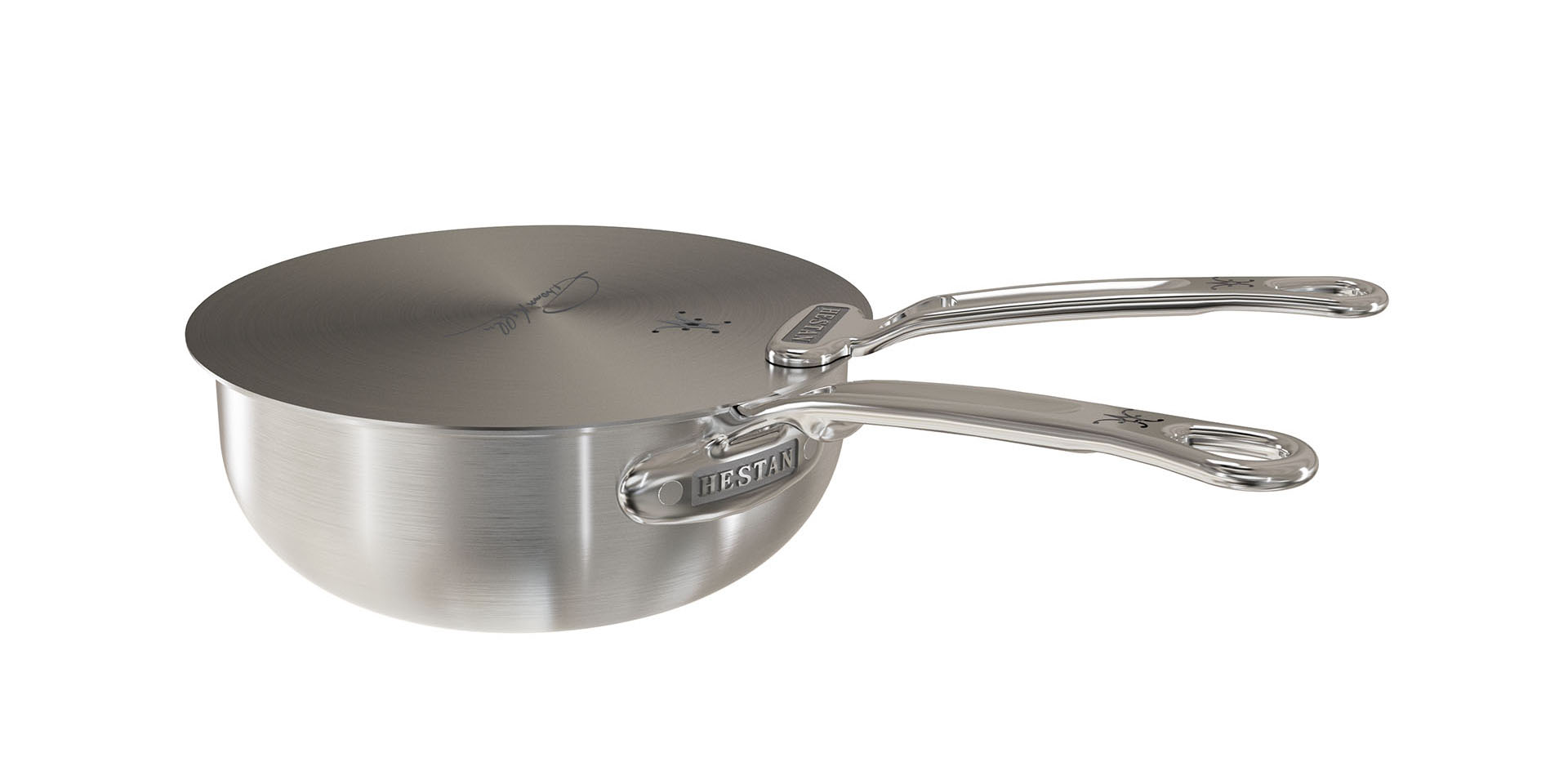 3D rendering of Hestan's Thomas Keller cookware line pan with a universal lid
