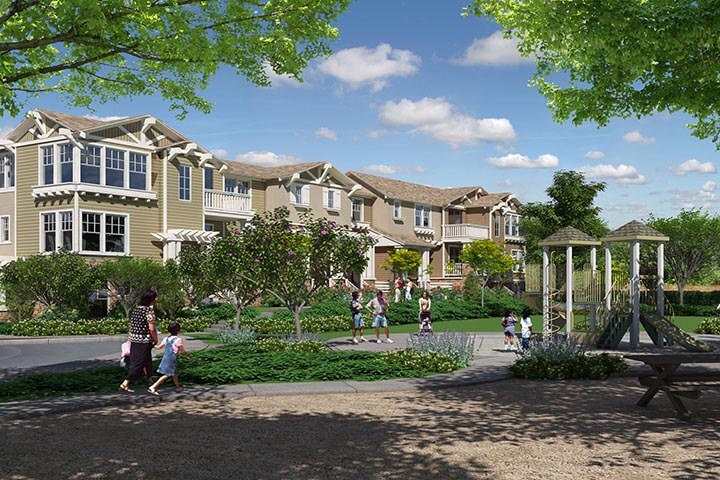 photo-realistic computer-generated rendering of a traditional style townhouse development in California