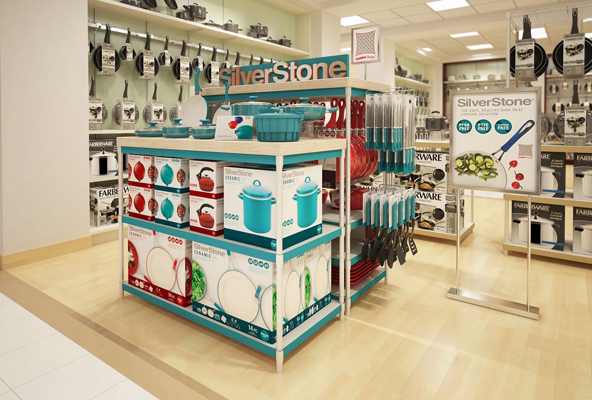 photo-realistic computer-generated rendering of a SilverStone cookware display at Macy's